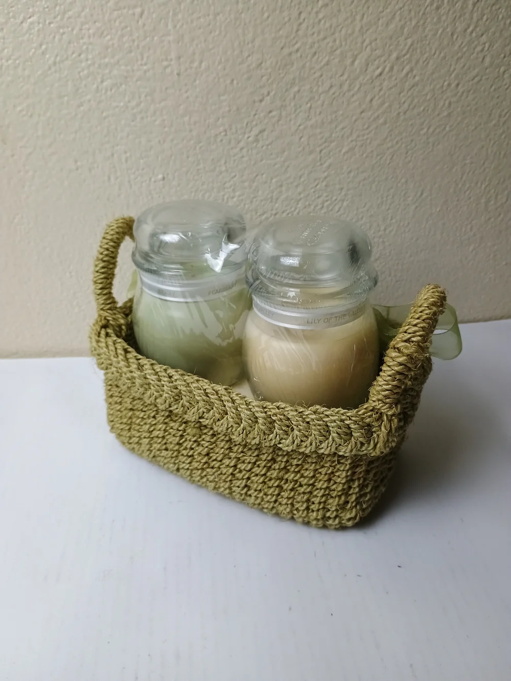 Green Woven Basket Gift Set with Two Cream Jar Candles - Pearberry Lily Of The V